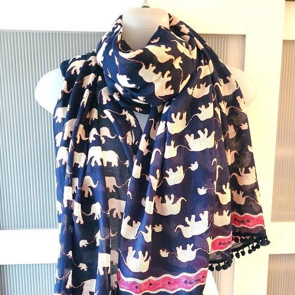 Ann Taylor loft, Navy and Pink Elephant Print Scarf with pom-pom fringe - Picture 8 of 12